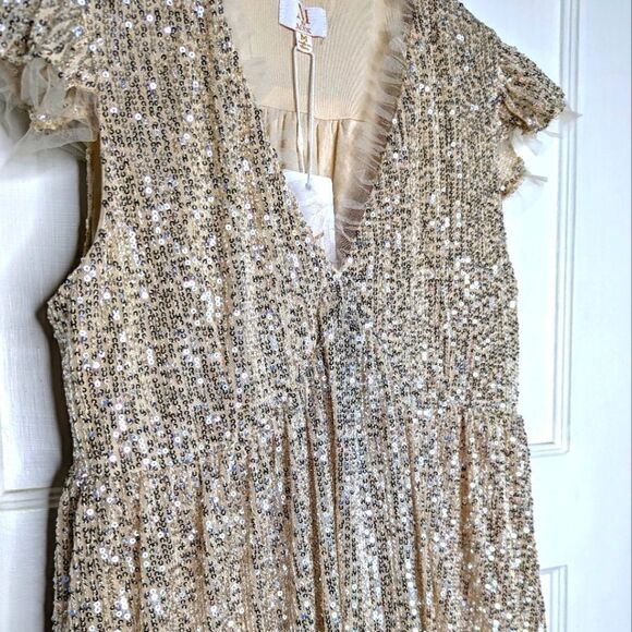 M by MNK Blush Sequined Cap Sleeve Babydoll Cocktail Mini Dress size L - Picture 5 of 16